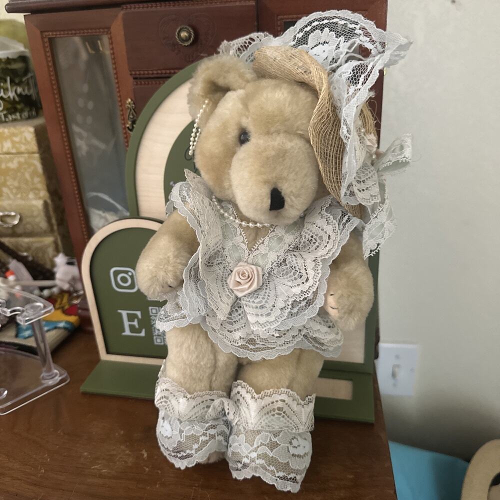 Vtg 1987 Bearly People Teddy Bear Jointed Doll Victorian Lace Dress & Bonnet